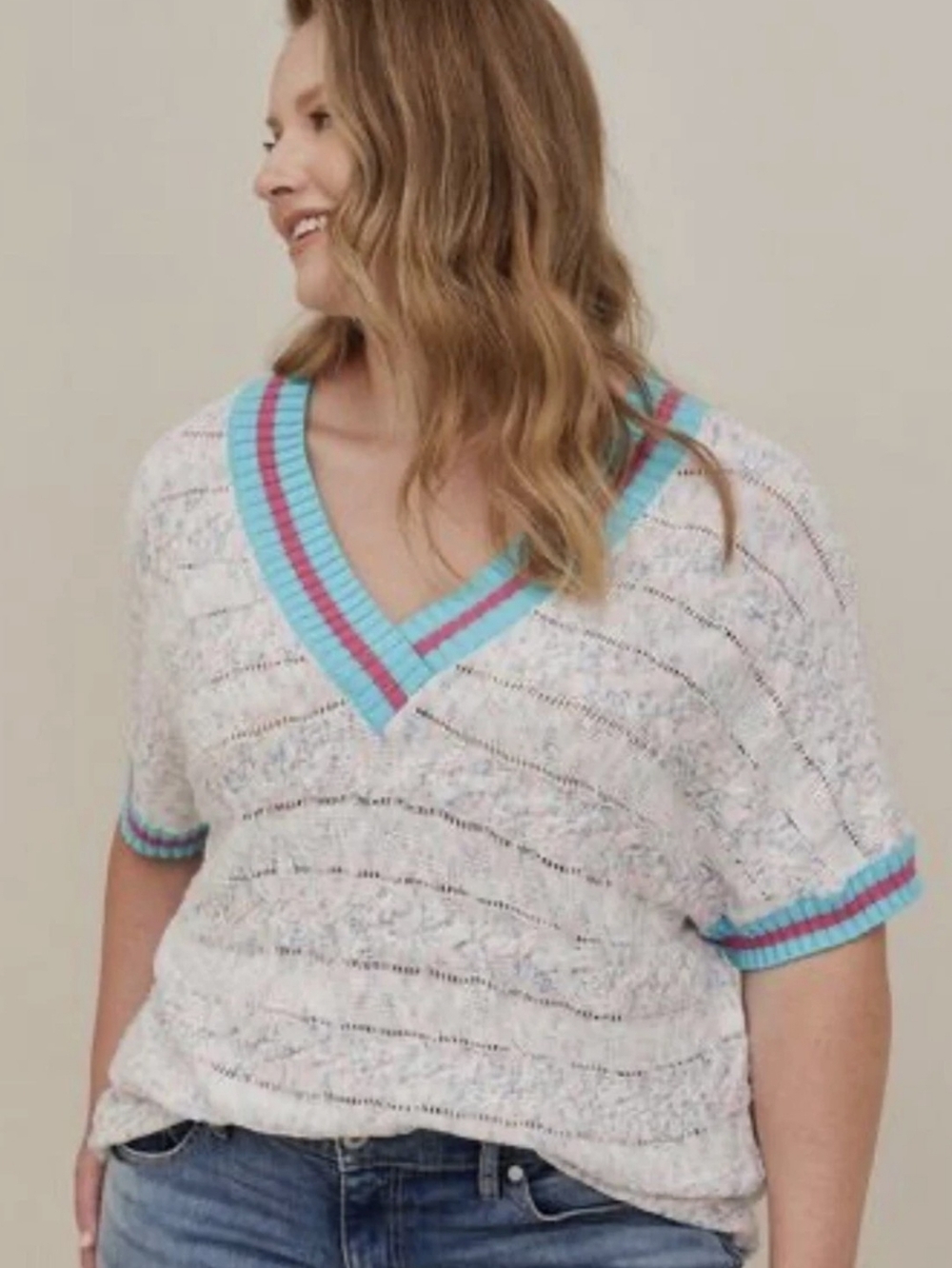 Torrid Womens Cotton Dolman Pullover Short Sleeve Ivory Blue Trim Sweater 0X